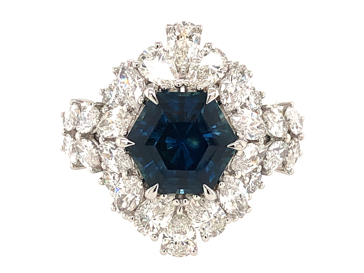 SAPPHIRE HEXAGON & DIAMOND HALO RING, 18KW (H)