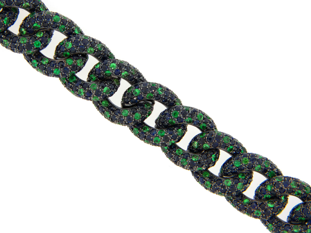 BLUE SAPPHIRE & TSAVORITE LINK BRACELET, BLACK FINISH, SILVER (H/N)