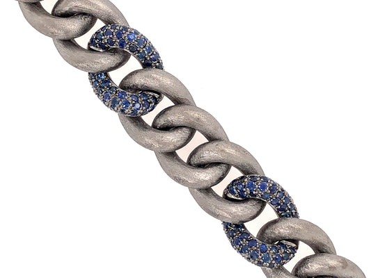 BLUE SAPPHIRE LINK BRACELET, BLACK SATIN FINISH, SILVER (H)