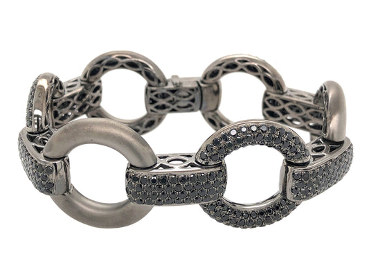 BLACK SPINEL CIRCLE LINK  BRACELET, BLACK FINISH, SILVER (H)