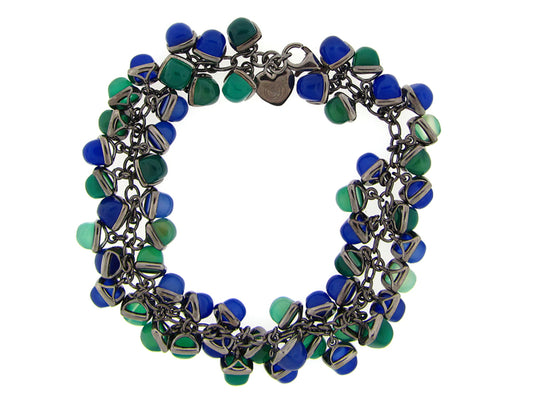 GREEN & BLUE AGATE BRACELET, BLACK FINISH, SILVER (D)