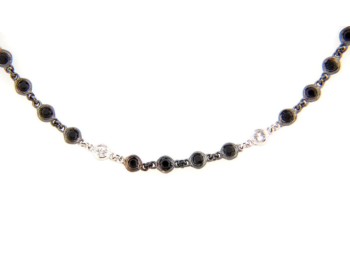 BLACK SPINEL & WHITE SAPPHIRE CHAIN, 40", BLACK FINISH, SILVER (N/H)