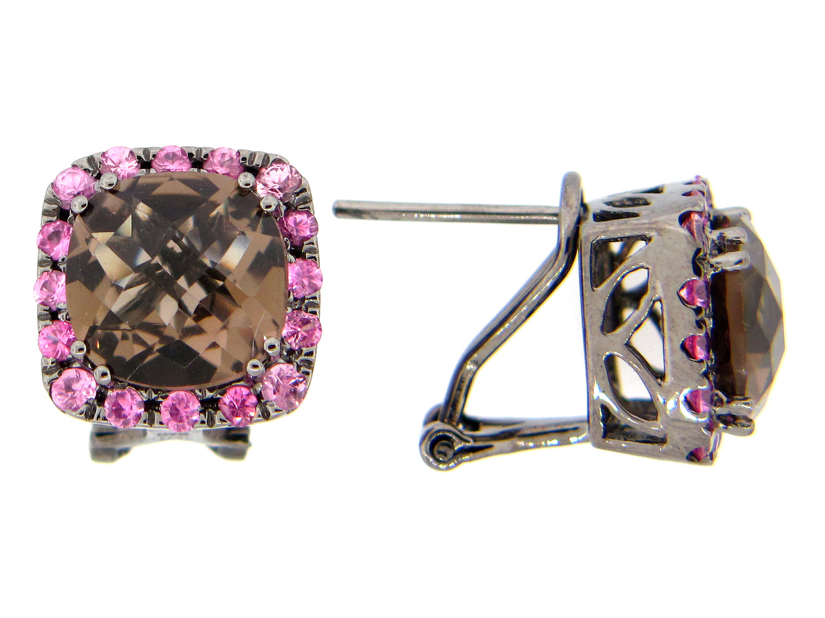SMOKEY QUARTZ & PINK SAPPHIRE EARRING, BLACK FINISH, SILVER (H)