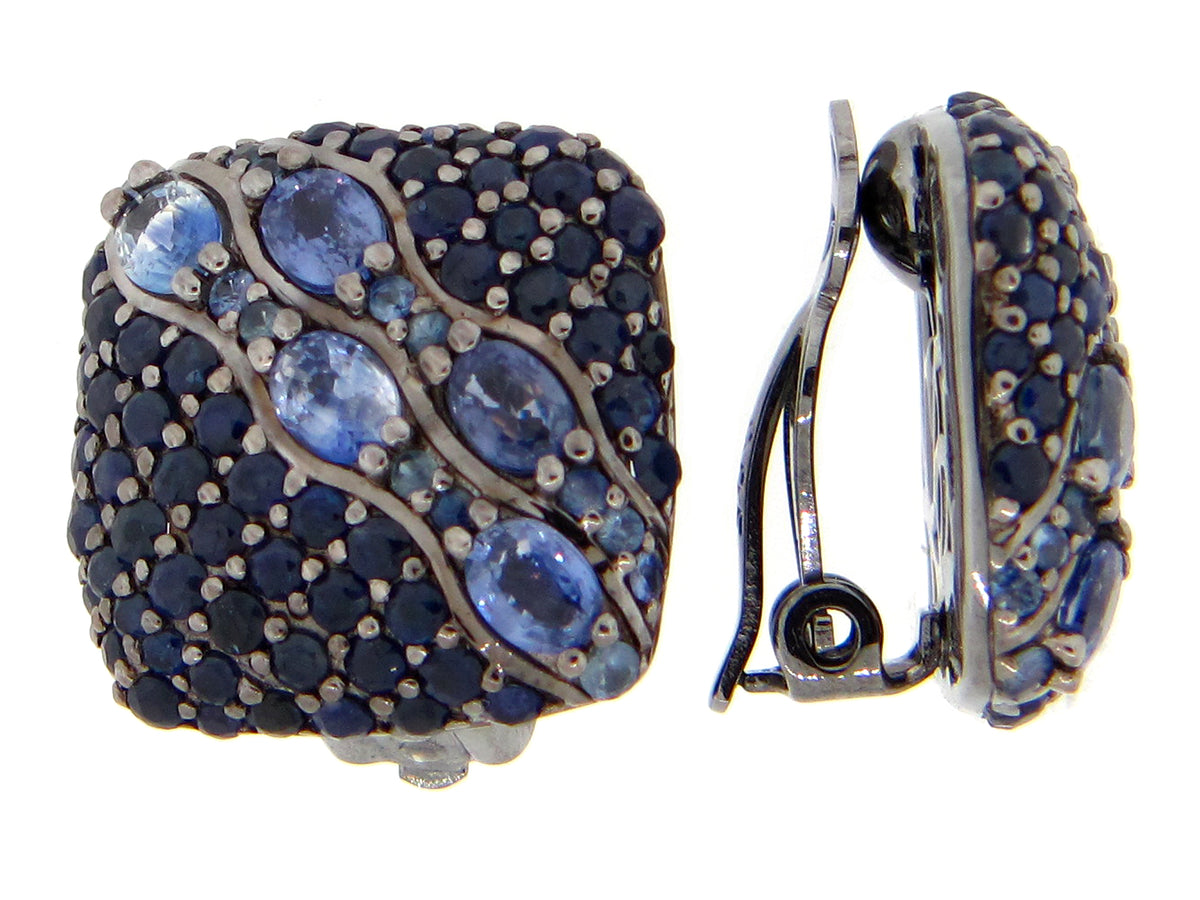 SAPPHIRE EARRING, OMEGA CLIP WITH NO POST, BLACK FINISH, SILVER (H)
