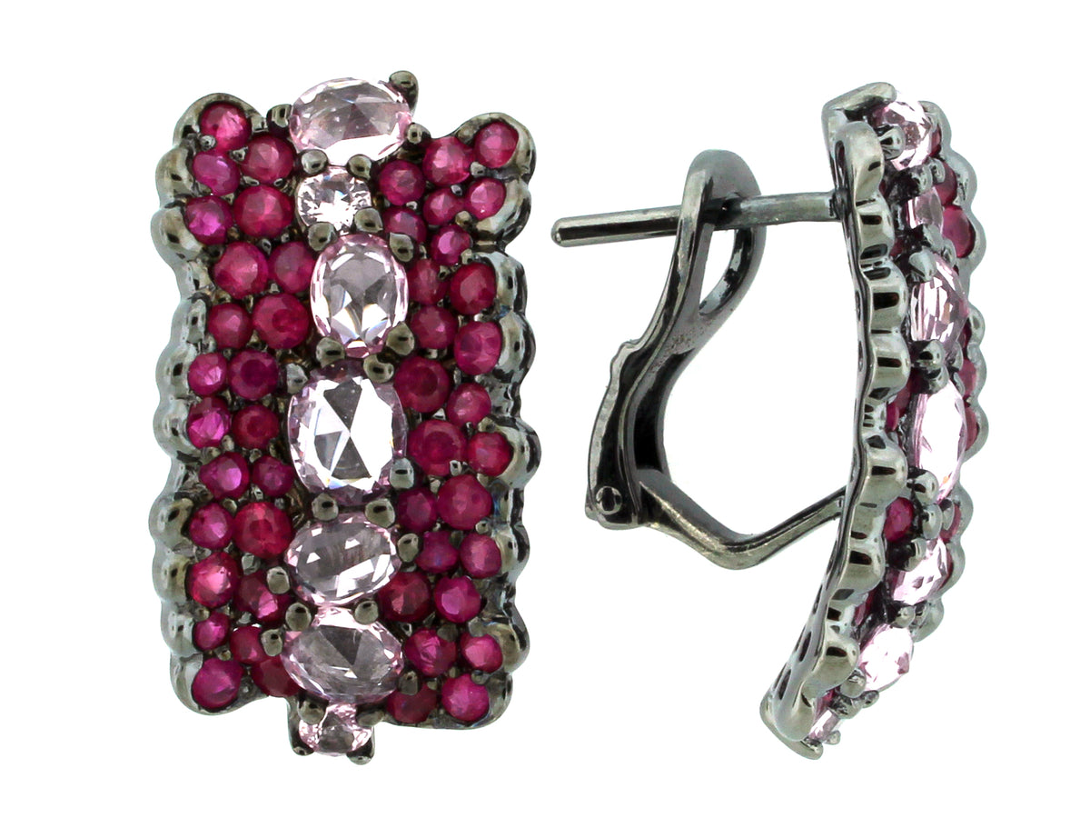 RUBY & PINK SAPPHIRE EARRING, BLACK FINISH, SILVER (H)