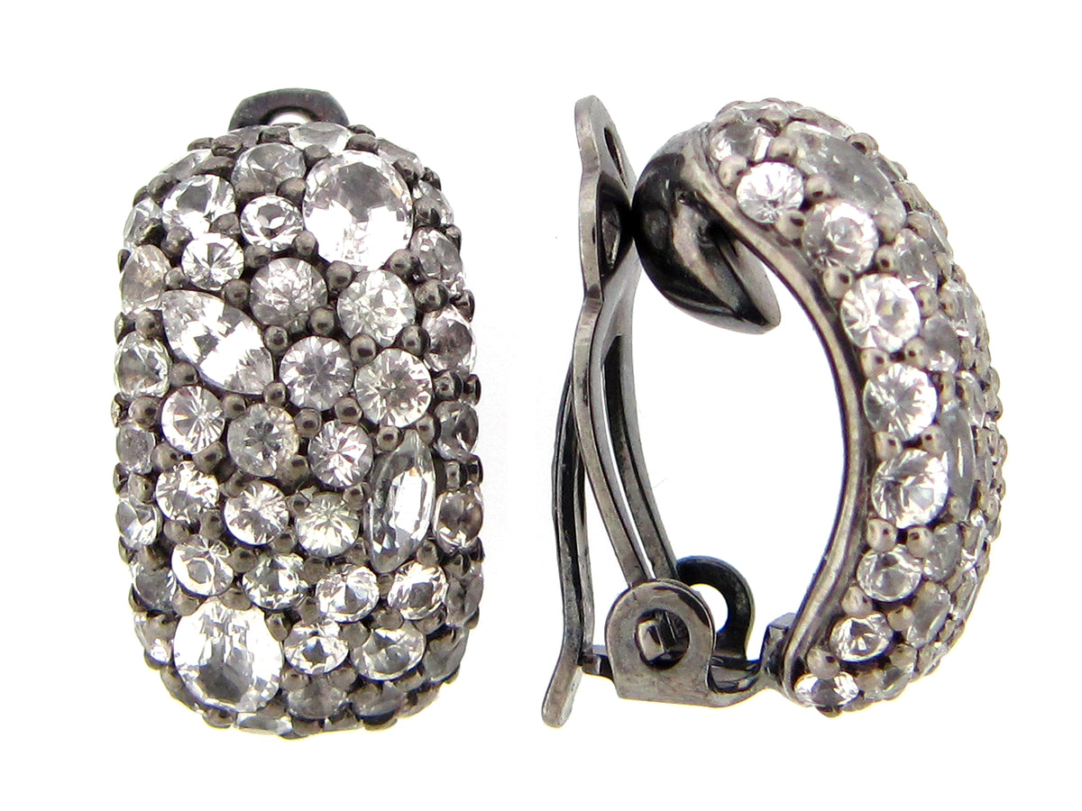 WHITE SAPPHIRE EARRING, OMEGA CLIP WITH NO POST,  BLACK FINISH, SILVER (H)