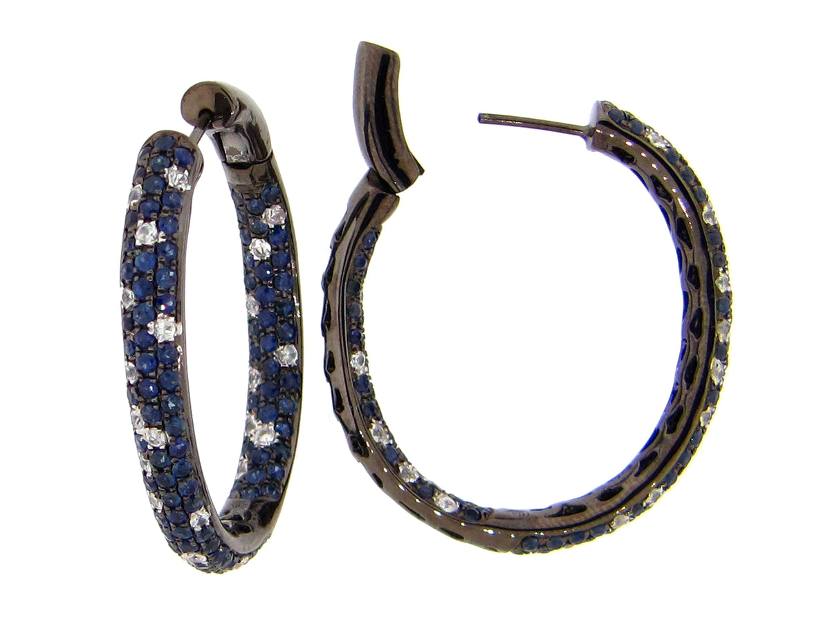 BLUE & WHITE SAPPHIRE EARRING, BLACK FINISH, SILVER (H)