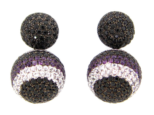WHITE SAPPHIRE, BLACK SPINEL & AMETHYST EARRING,  BLACK FINISH, SILVER (H)
