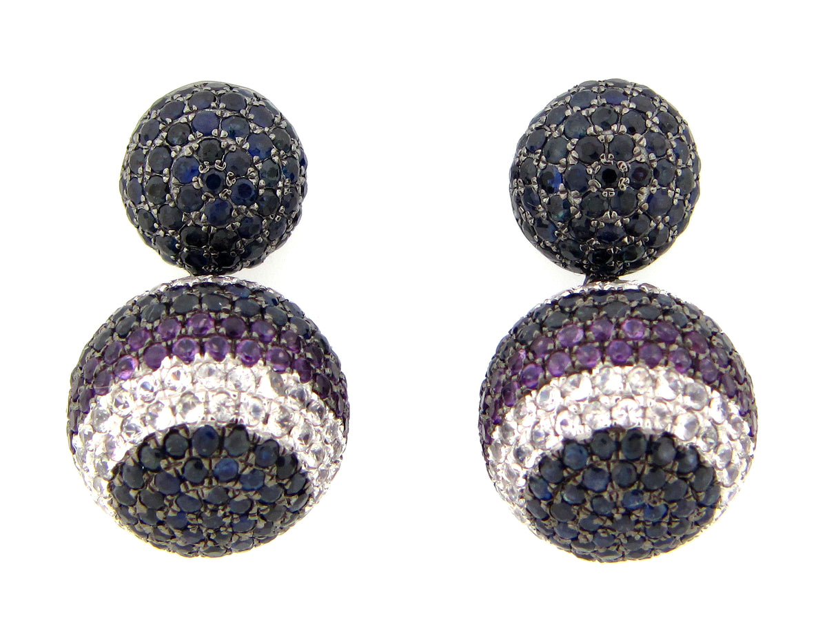 BLUE & WHITE SAPPHIRE & AMETHYST EARRING, BLACK FINISH, SILVER (H)
