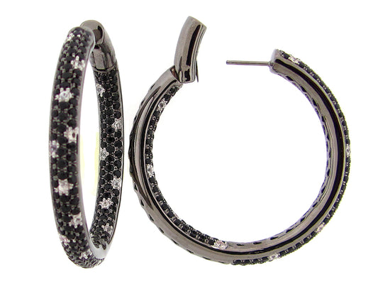 BLACK SPINEL & WHITE SAPPHIRE EARRING, BLACK FINISH, SILVER (N/H)