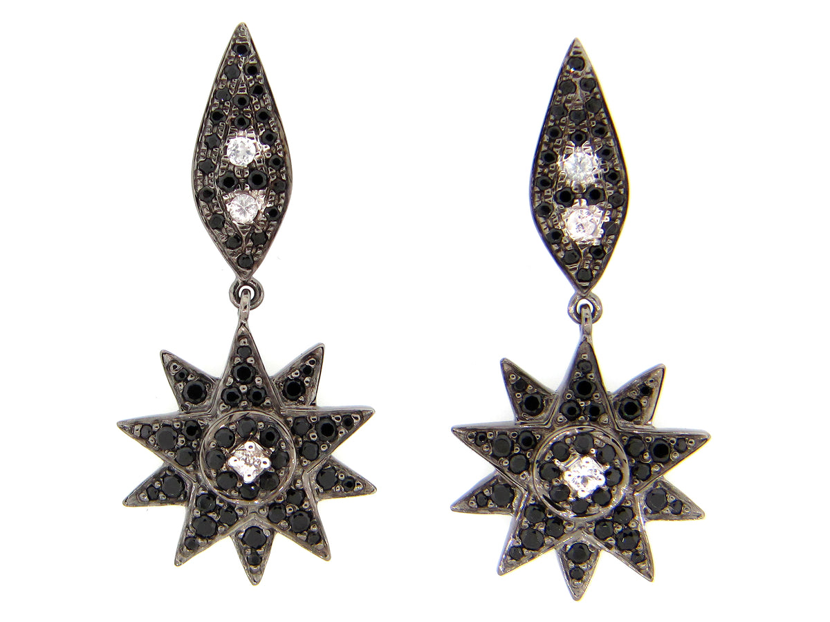 BLACK SPINEL & WHITE SAPPHIRE EARRING, BLACK FINISH, SILVER (H)