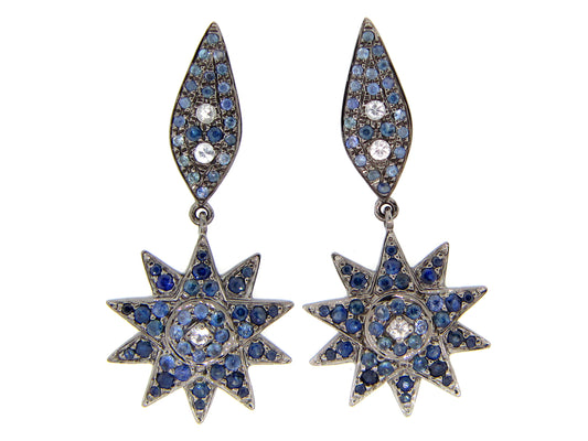 BLUE & WHITE SAPPHIRE EARRING, BLACK FINISH, SILVER (H)
