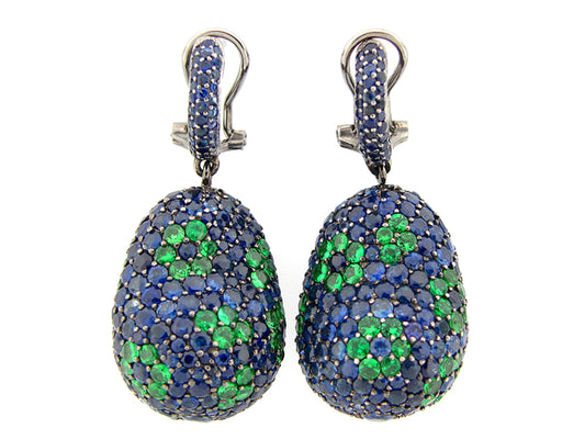 BLUE SAPPHIRE & TSAVORITE EARRING, BLACK FINISH, SILVER (H)