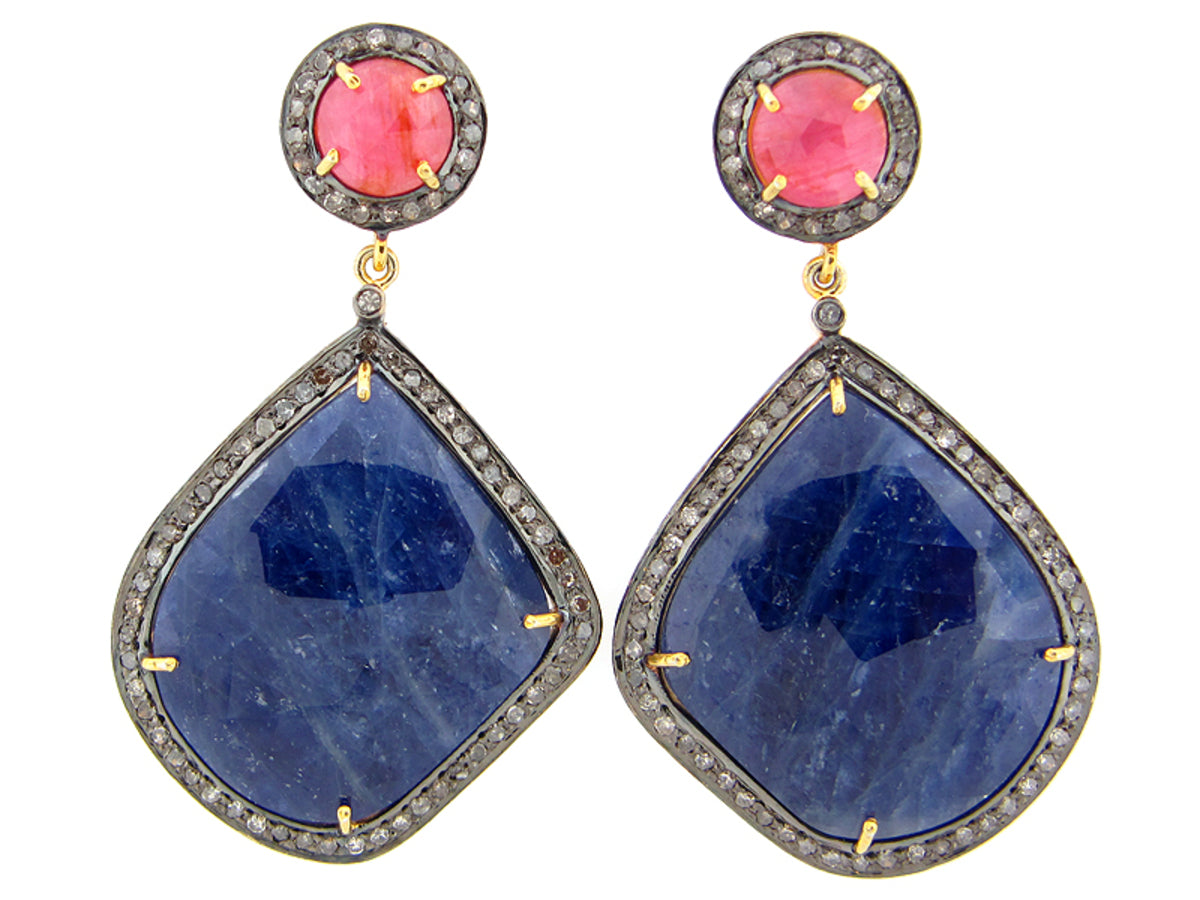 SAPPHIRE & BROWN DIAMOND EARRING,  SILVER/14K POST & NUT, (N),  C=50.42
