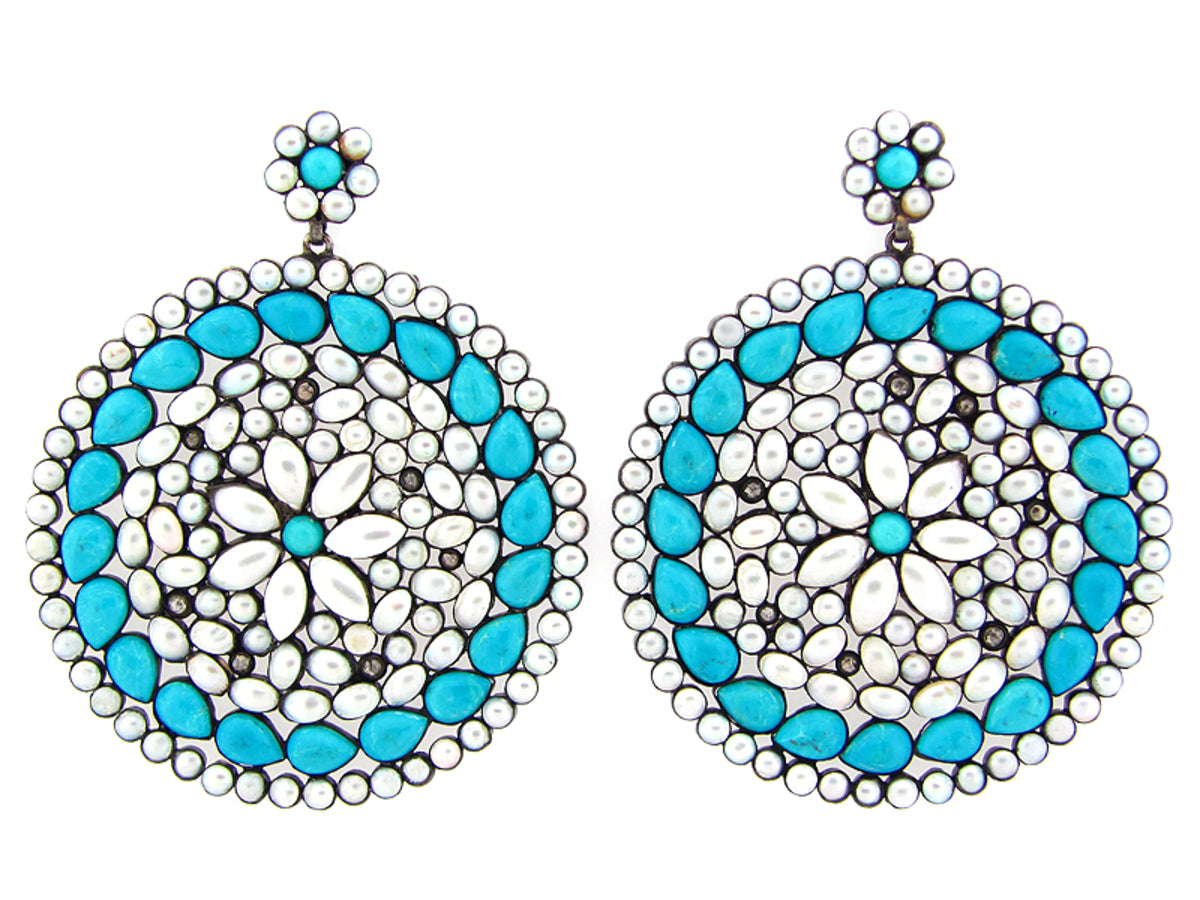 TURQUOISE, MOTHER OF PEARL, BROWN DIAMOND EARRING, SILVER (H)