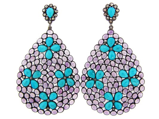 AMETHYST, TURQUOISE, BROWN DIAMOND EARRING, SILVER (H), C=57.30