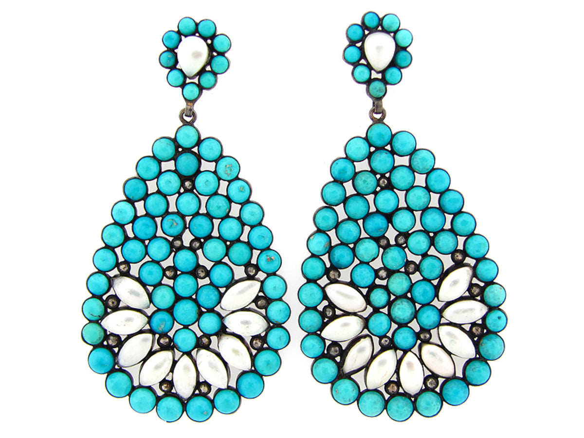 TURQUOISE, MOTHER OF PEARL, BROWN DIAMOND EARRING, SILVER (H), C=54.20