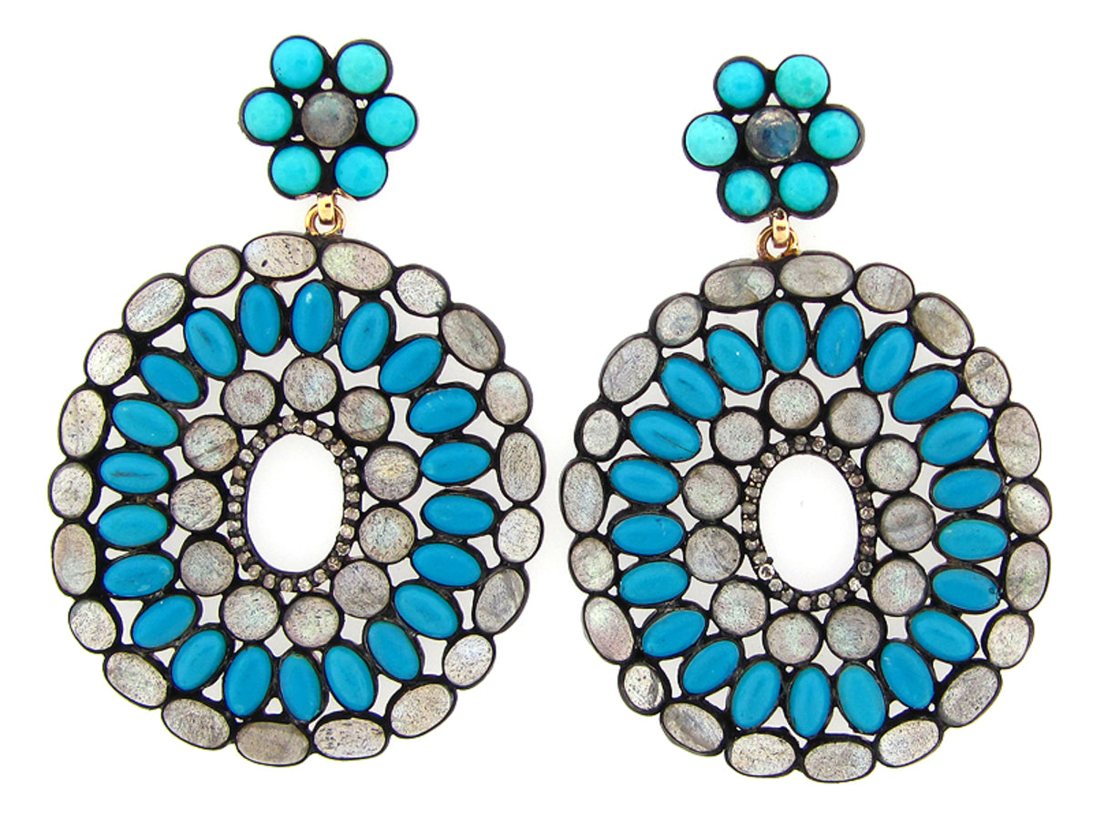 TURQUOISE, LABRADORITE & BROWN DIAMOND EARRING, SILVER (H)