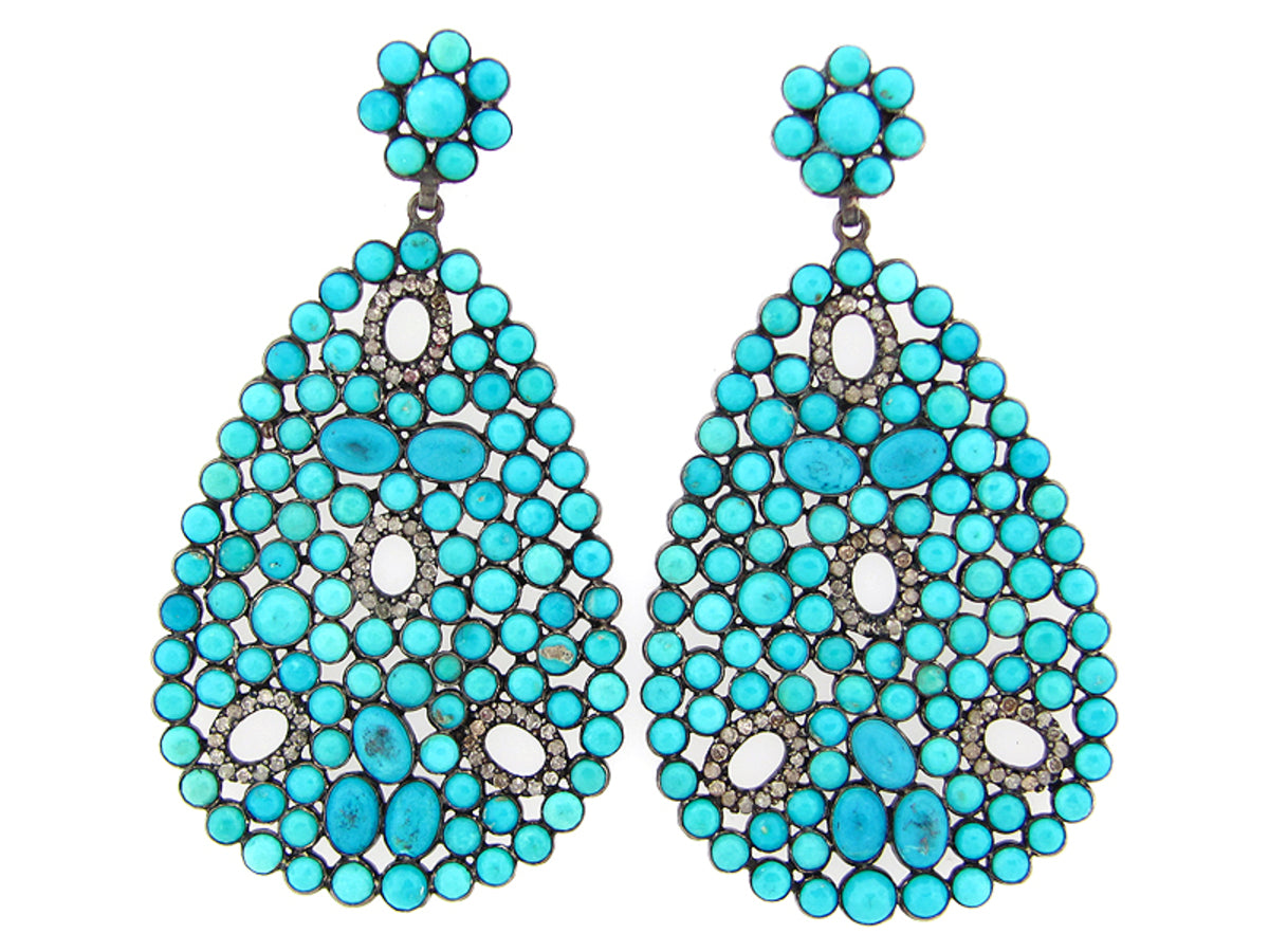 TURQUOISE, BROWN DIAMOND EARRING, SILVER (H), C=30.00