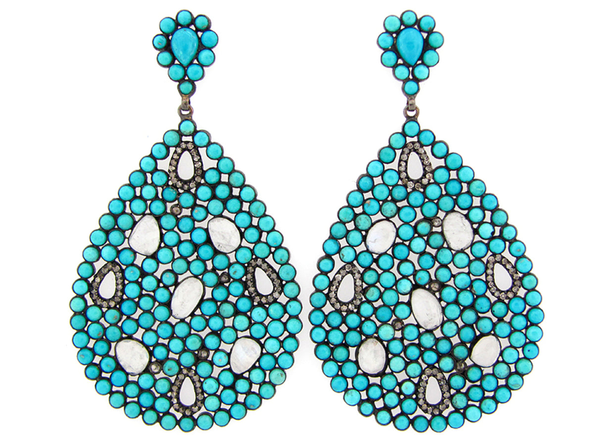 TURQUOISE, MOONSTONE, BROWN DIAMOND EARRING, SILVER (H), C=44.80