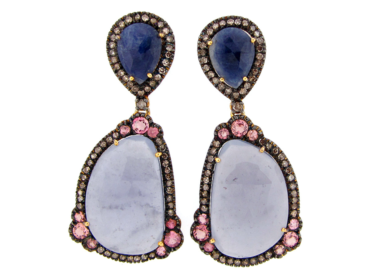 CALCEDONY, SAPPHIRE, PINK TOURMALINE & BROWN DIAMOND EARRING, SILVER (H/N)