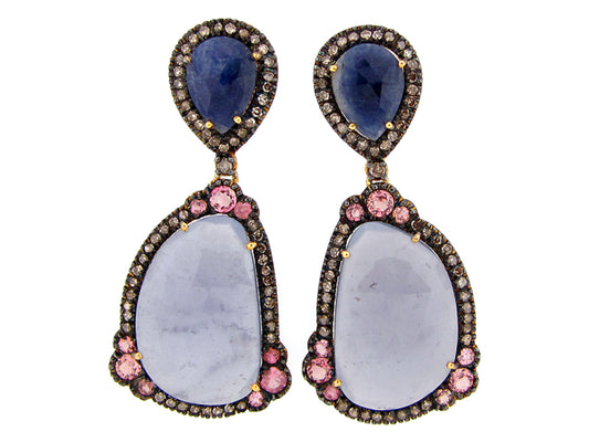 CALCEDONY, SAPPHIRE, PINK TOURMALINE & BROWN DIAMOND EARRING, SILVER (H/N)