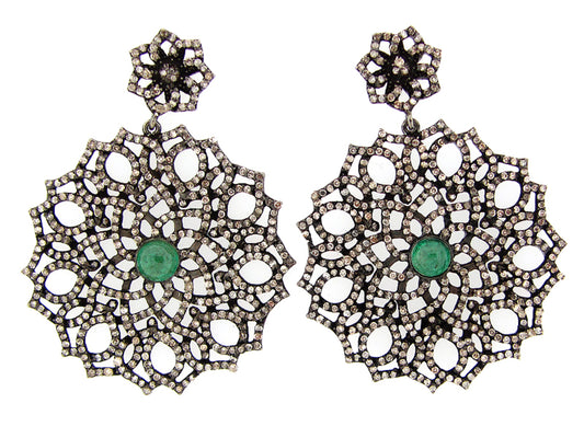 EMERALD & BROWN DIAMOND EARRING, SILVER (O/N)