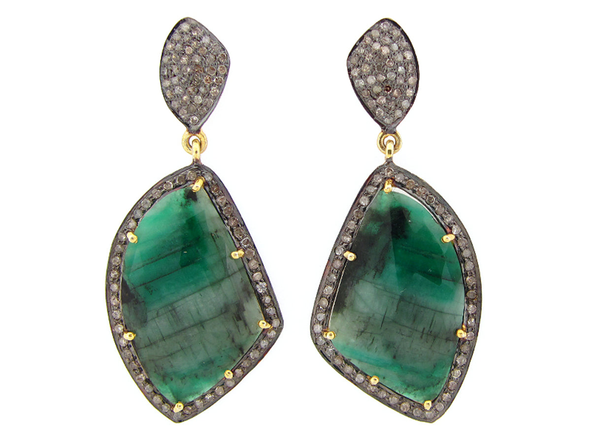 EMERALD & BROWN DIAMOND EARRING, YELLOW FINISH, SILVER (O/N)