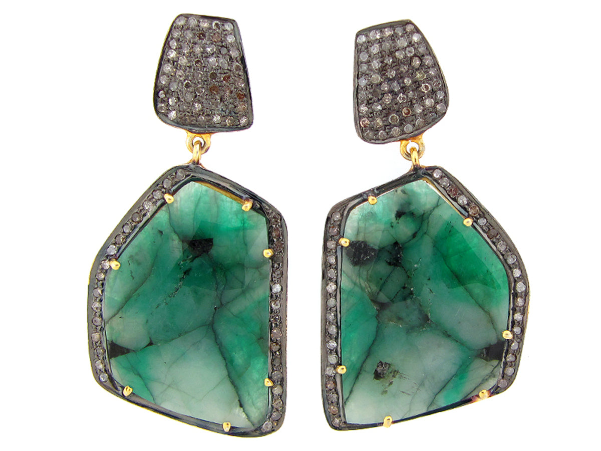 EMERALD & BROWN DIAMOND EARRING, YELLOW FINISH, SILVER (O/N)