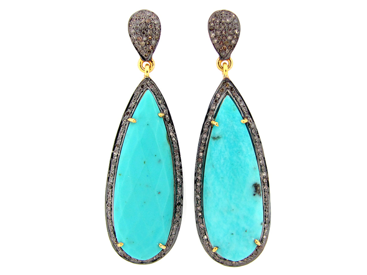 TURQUOISE & BROWN DIAMOND EARRING, YELLOW FINISH, SILVER (H)