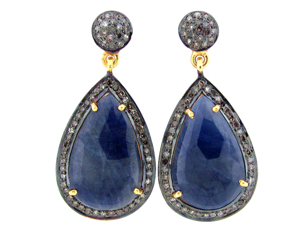 SAPPHIRE & BROWN DIAMOND EARRING, YELLOW FINISH, SILVER (H/N)