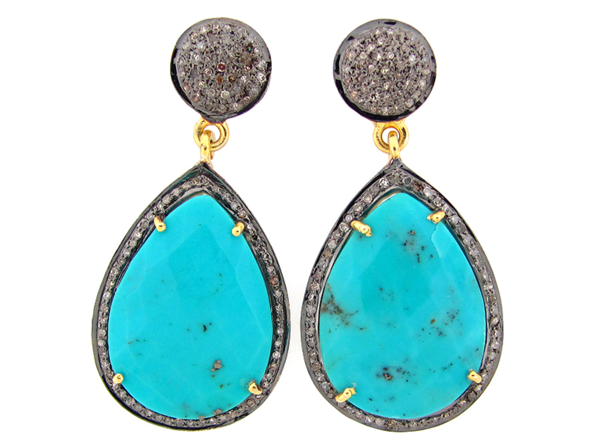 TURQUOISE & BROWN DIAMOND EARRING, YELLOW FINISH, SILVER (H)