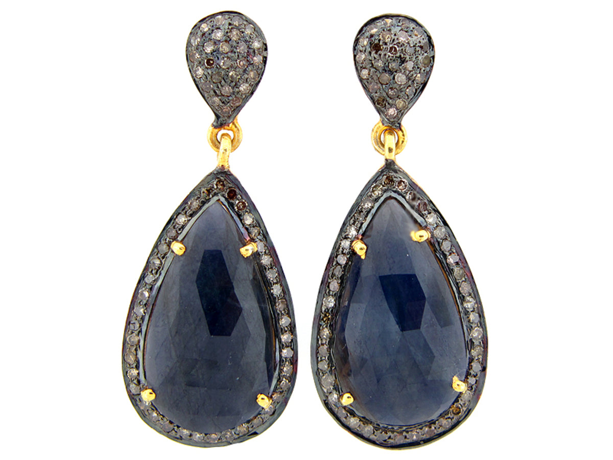 SAPPHIRE & BROWN DIAMOND EARRING, YELLOW FINISH, SILVER (H/N)