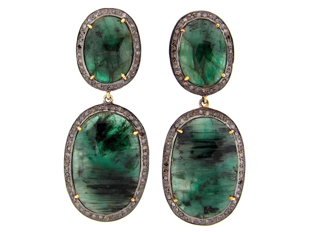 EMERALD AND BROWN DIAMOND EARRING, SILVER (O/N)