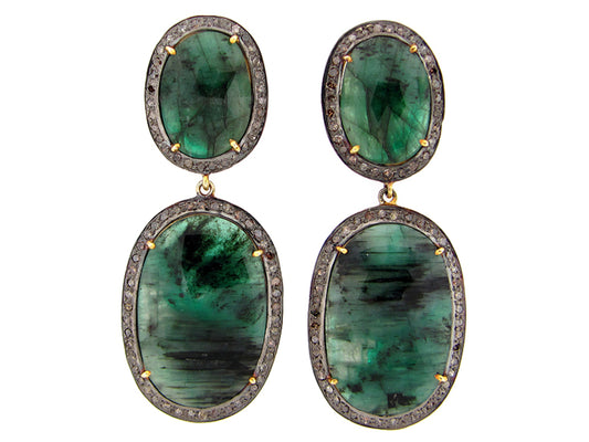 EMERALD AND BROWN DIAMOND EARRING, SILVER (O/N)