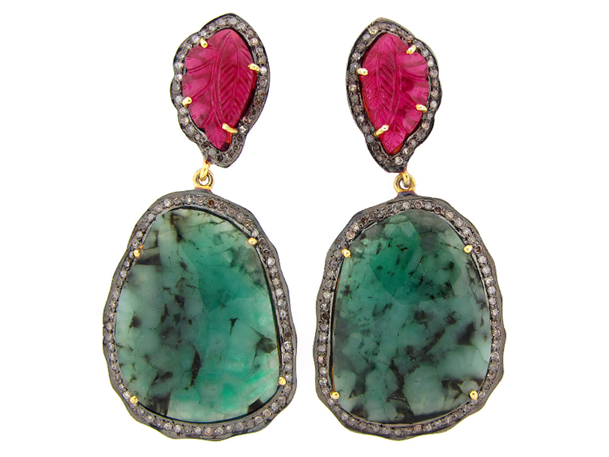 EMERALD, RUBY, BROWN DIAMOND EARRING, YELLOW FINISH, SILVER  (H/0/N)