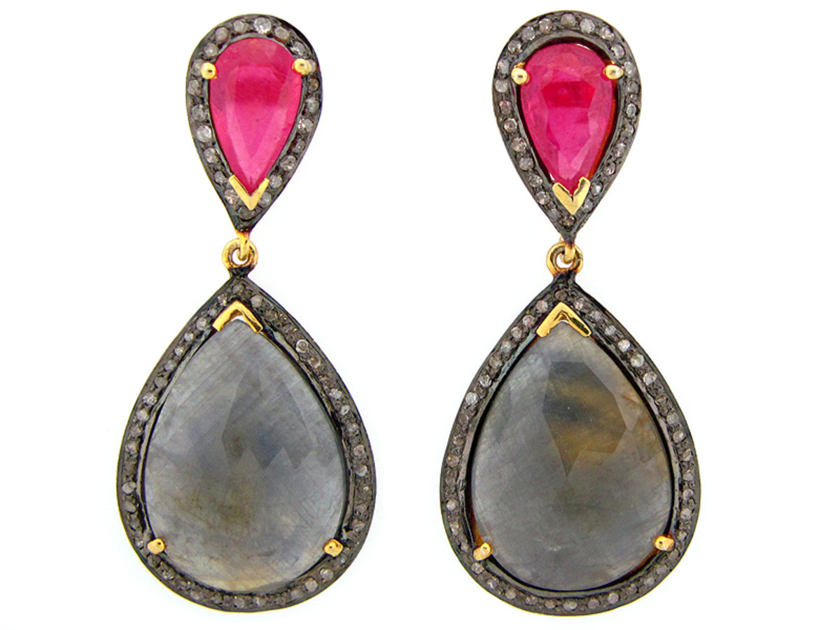SAPPHIRE, RUBY, BROWN DIAMOND EARRING, YELLOW FINISH, SILVER (H/N)