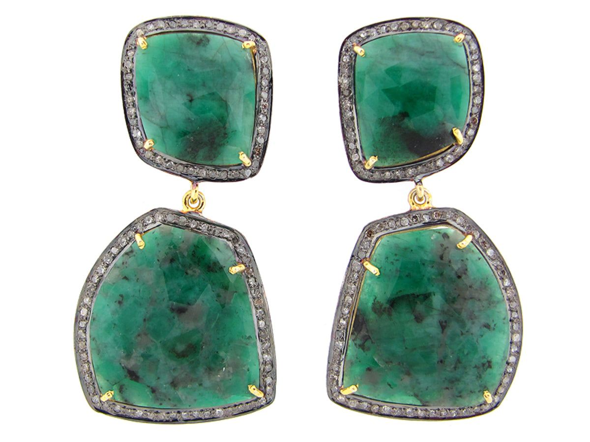 EMERALD & BROWN DIAMOND EARRING, YELLOW FINISH, SILVER (H/N)
