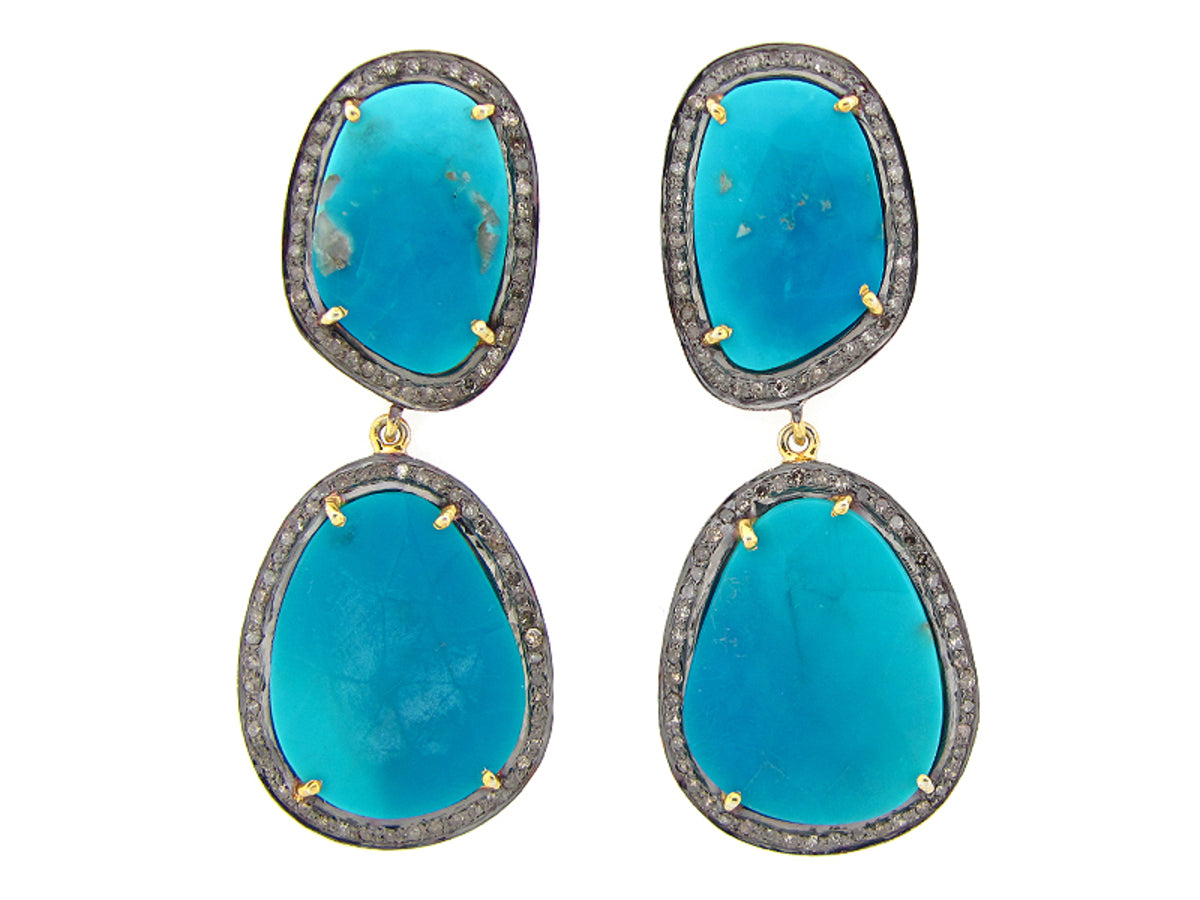 TURQUOISE & BROWN DIAMOND EARRING, YELLOW FINISH, SILVER (I/N)