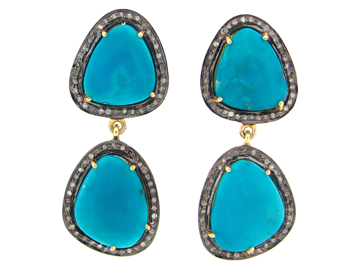 TURQUOISE & BROWN DIAMOND EARRING, YELLOW FINISH, SILVER (H)