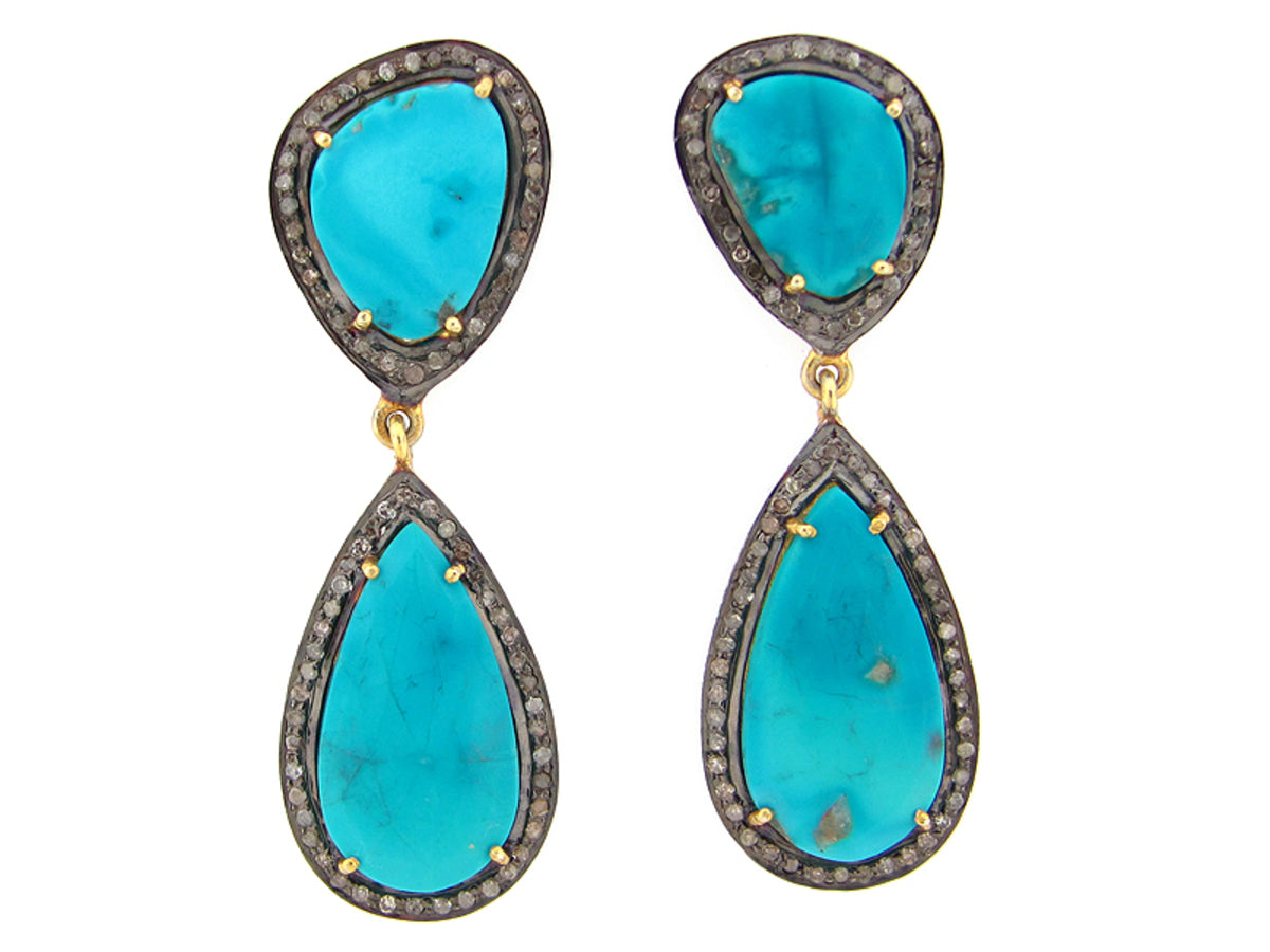 TURQUOISE & BROWN DIAMOND EARRING, YELLOW FINISH, SILVER (H)