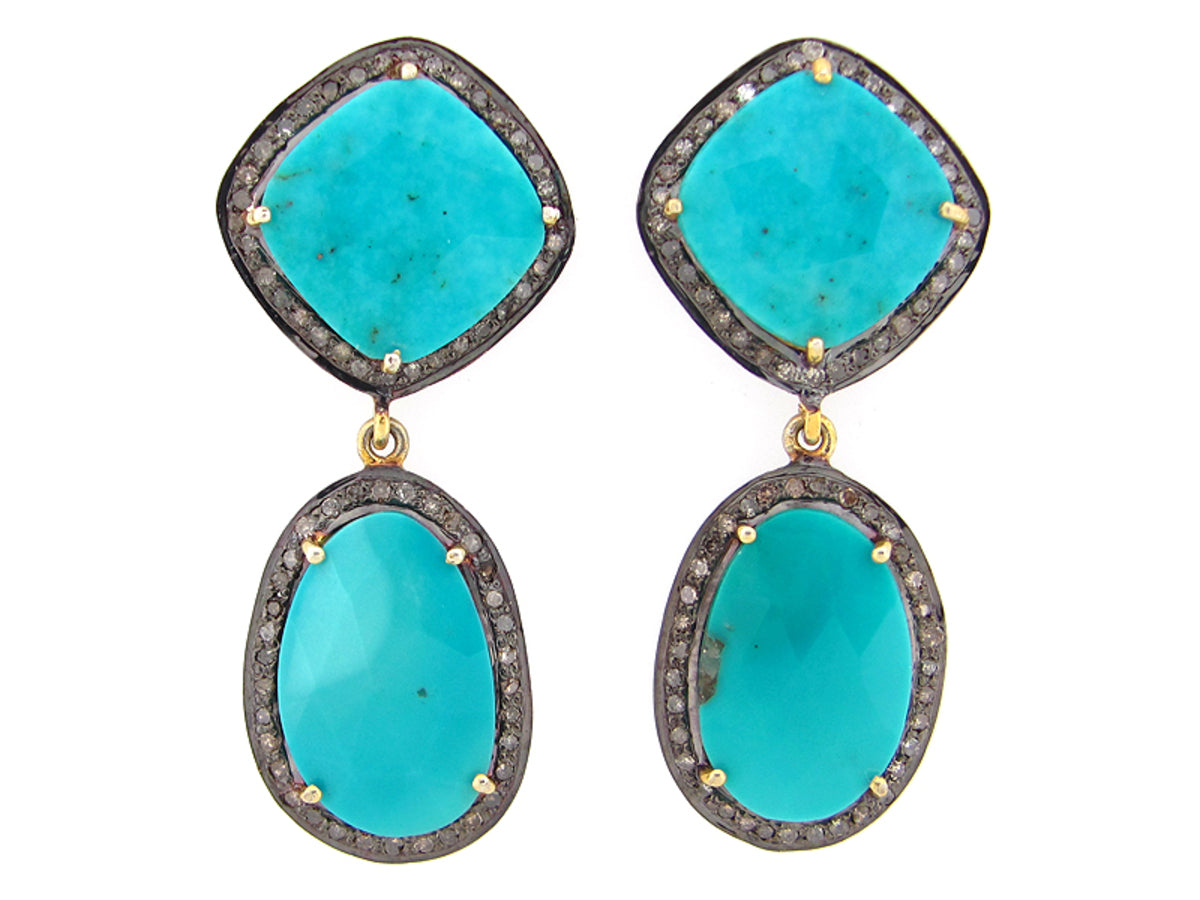 TURQUOISE & BROWN DIAMOND EARRING, YELLOW FINISH, SILVER (H)