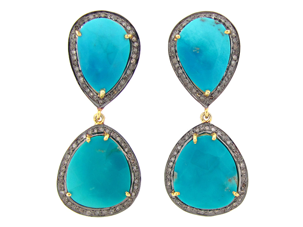 TURQUOISE & BROWN DIAMOND EARRING, YELLOW FINISH, SILVER (I/N)
