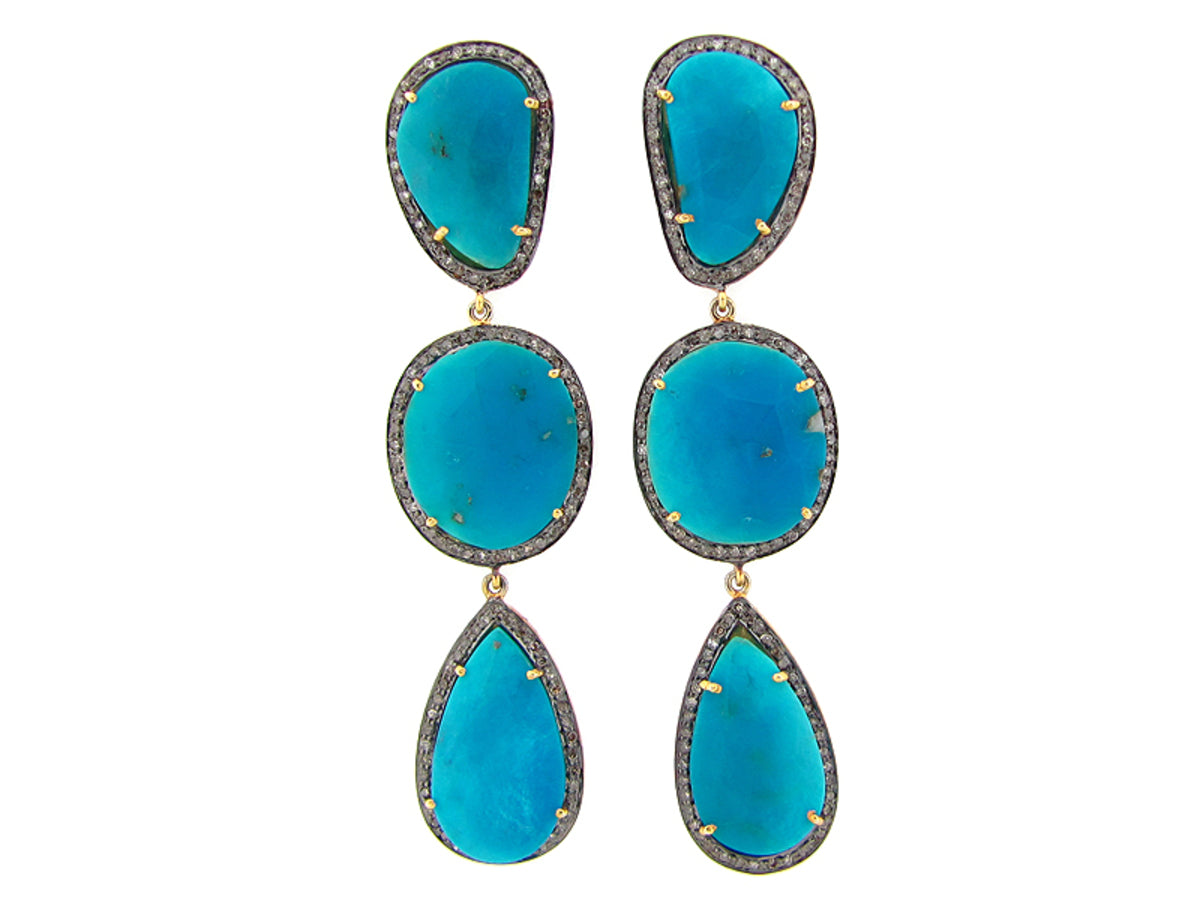 TURQUOISE & BROWN DIAMOND EARRING, YELLOW FINISH, SILVER (H)