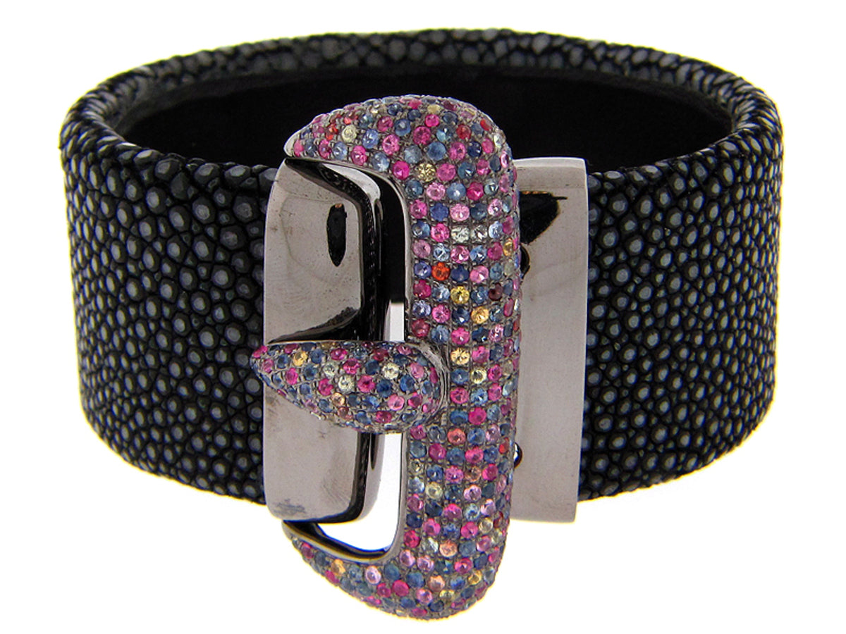 RAINBOW SAPPHIRE BLACK STINGRAY BANGLE, BLACK FINISH, SILVER (H/U)