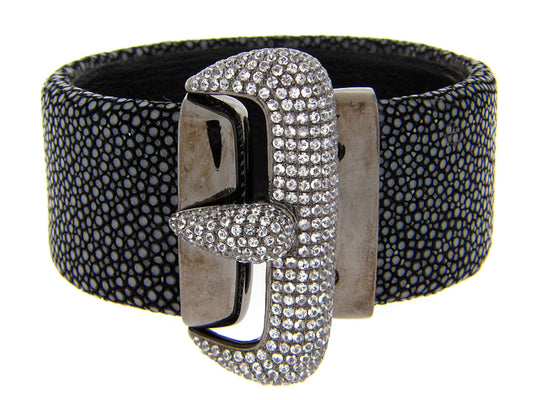 WHITE SAPPHIRE BLACK STINGRAY BANGLE, BLACK FINISH, SILVER (E)