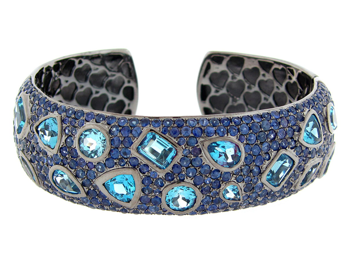 SAPPHIRE & BLUE TOPAZ BANGLE, BLACK FINISH, SILVER (E/R)