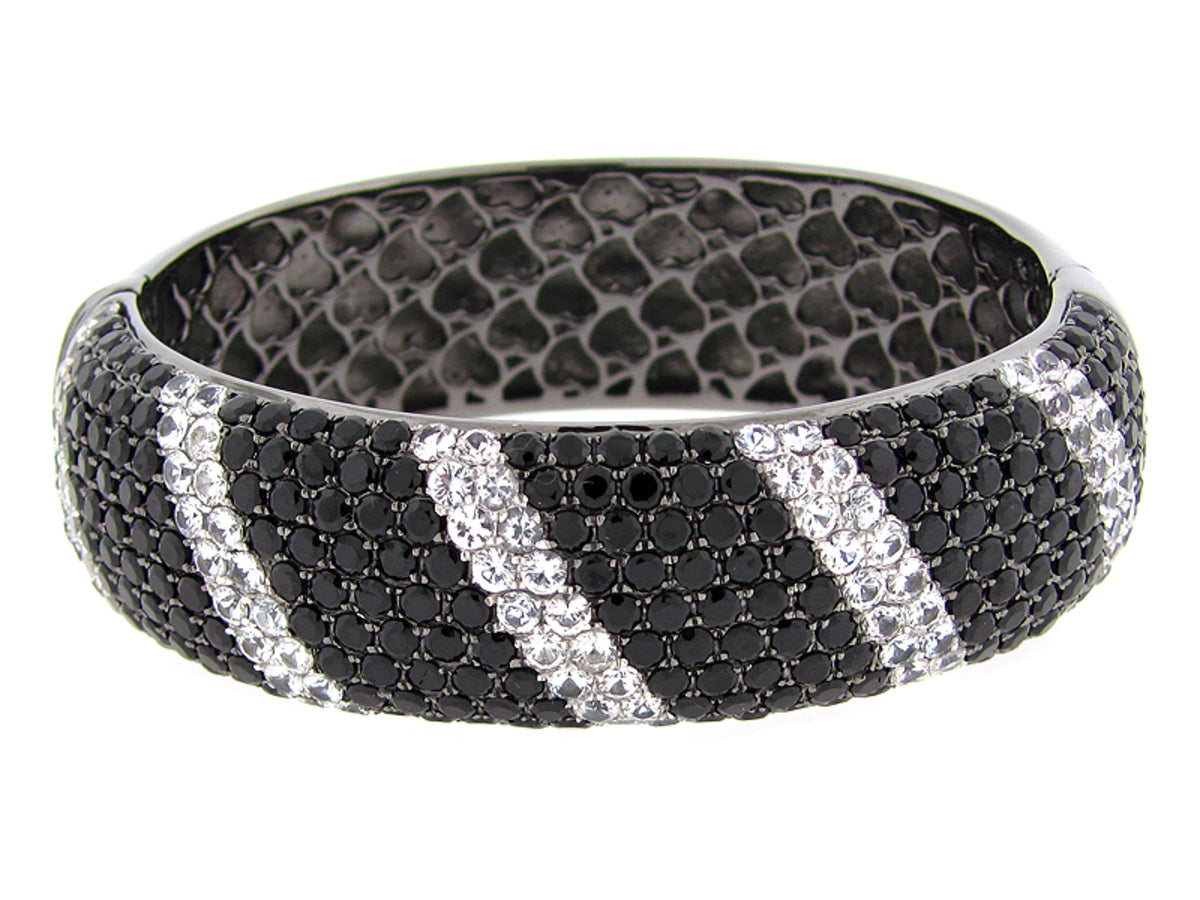BLACK SPINEL & WHITE SAPPHIRE BANGLE,BLACK FINISH,  SILVER (N/H)