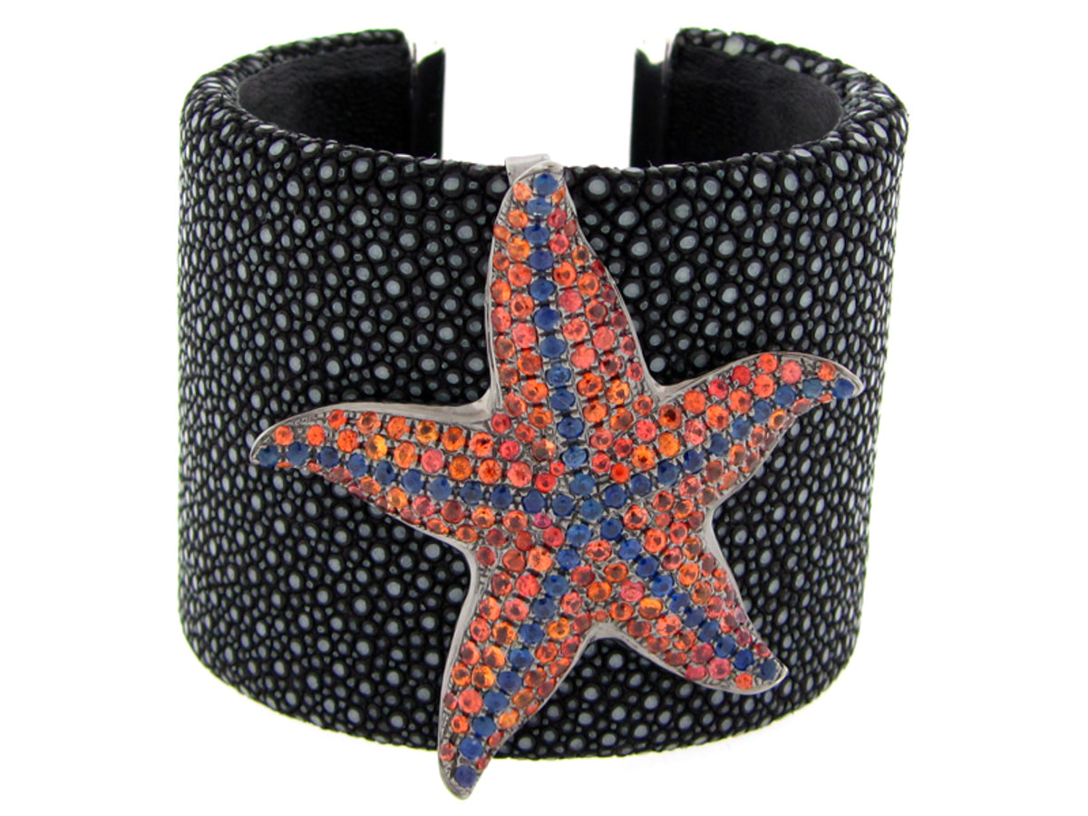 BLUE & ORANGE SAPPHIRE BANGLE, BLACK FINISH, SILVER (H)