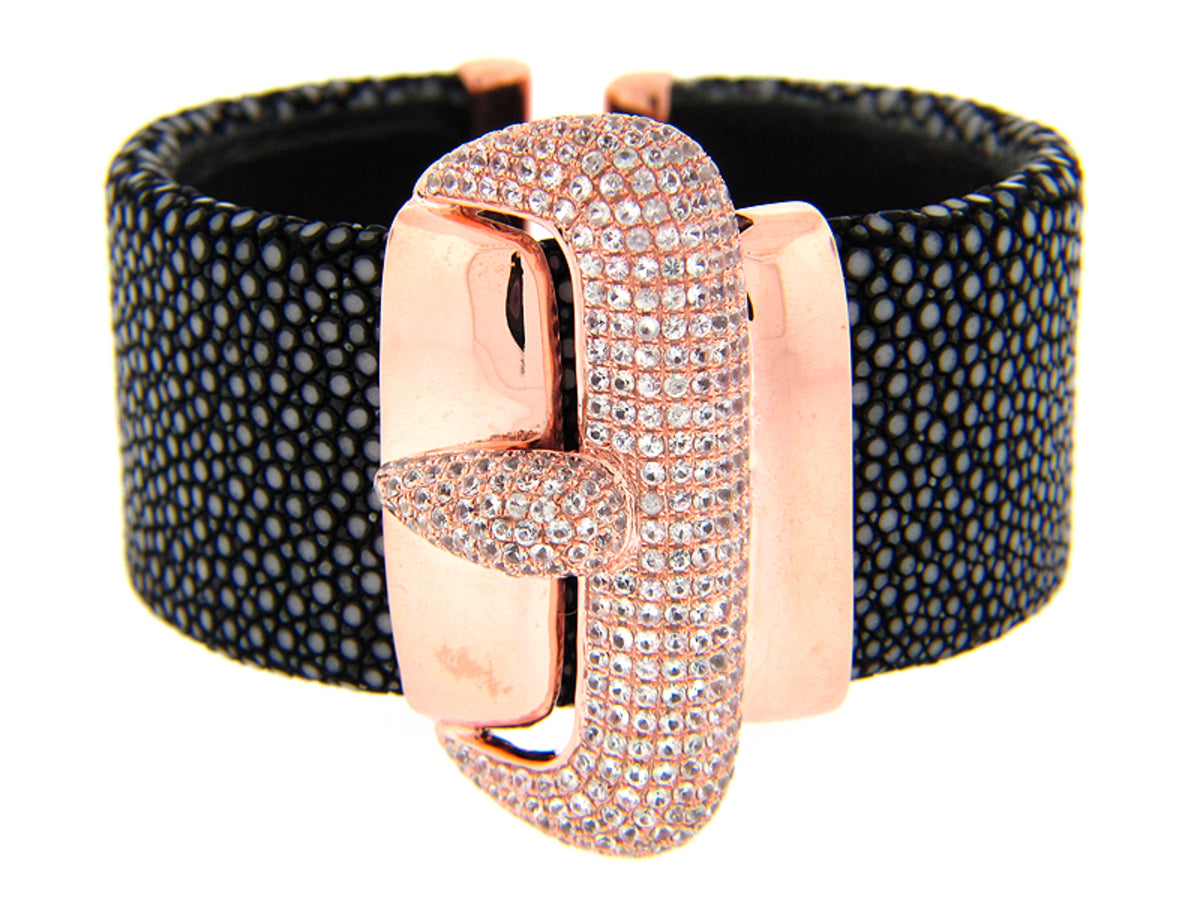 WHITE SAPPHIRE BLACK STINGRAY BANGLE, ROSE FINISH, SILVER (E)
